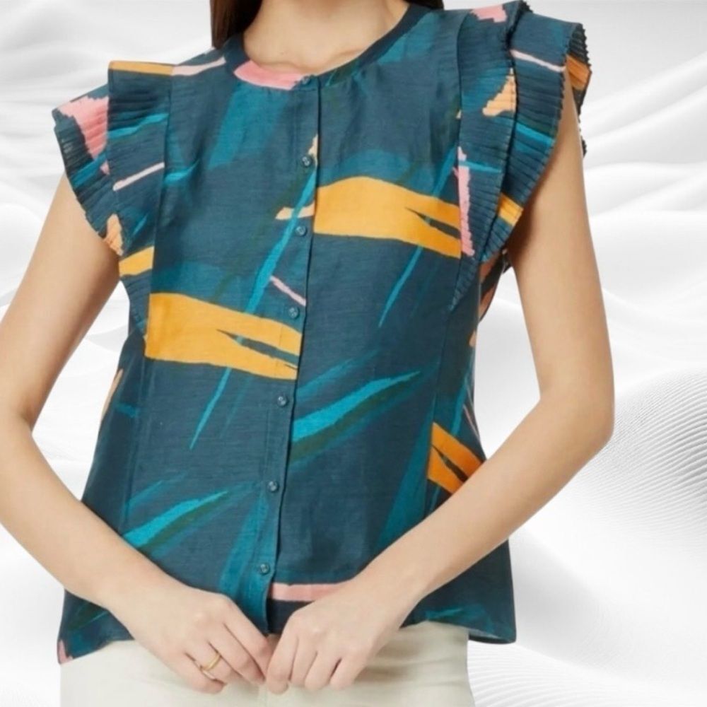 Vineyard Vines Women’s Flutter Sleeve Linen Blend Blue Abstract Button Down Top